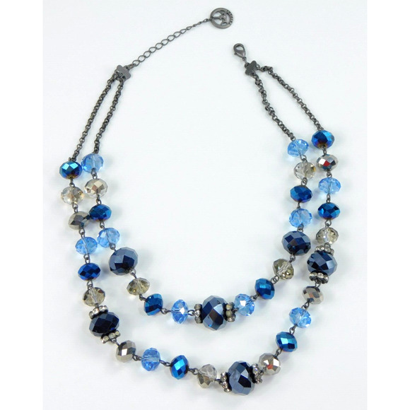 Trifari Blue & Smokey Grey Faceted Crystal Multi Strand Necklace 18" - Picture 1 of 3